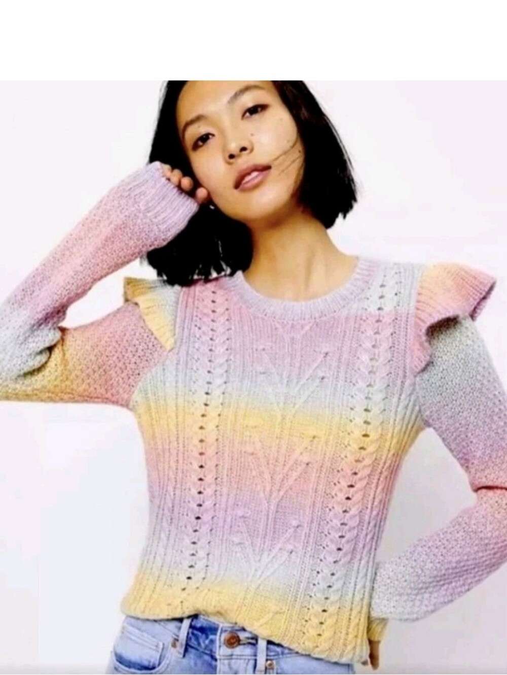 Loft Pastel Rainbow Ruffle Cable Knit Sweater Large